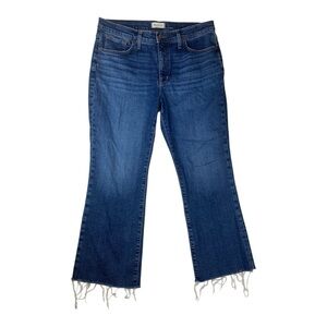 Madewell size 32 kick out mid rise crop Indigo Flare Jeans distressed blue denim